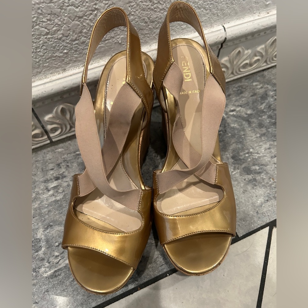 Fendi Gold High Heel Sandals with Metallic Straps